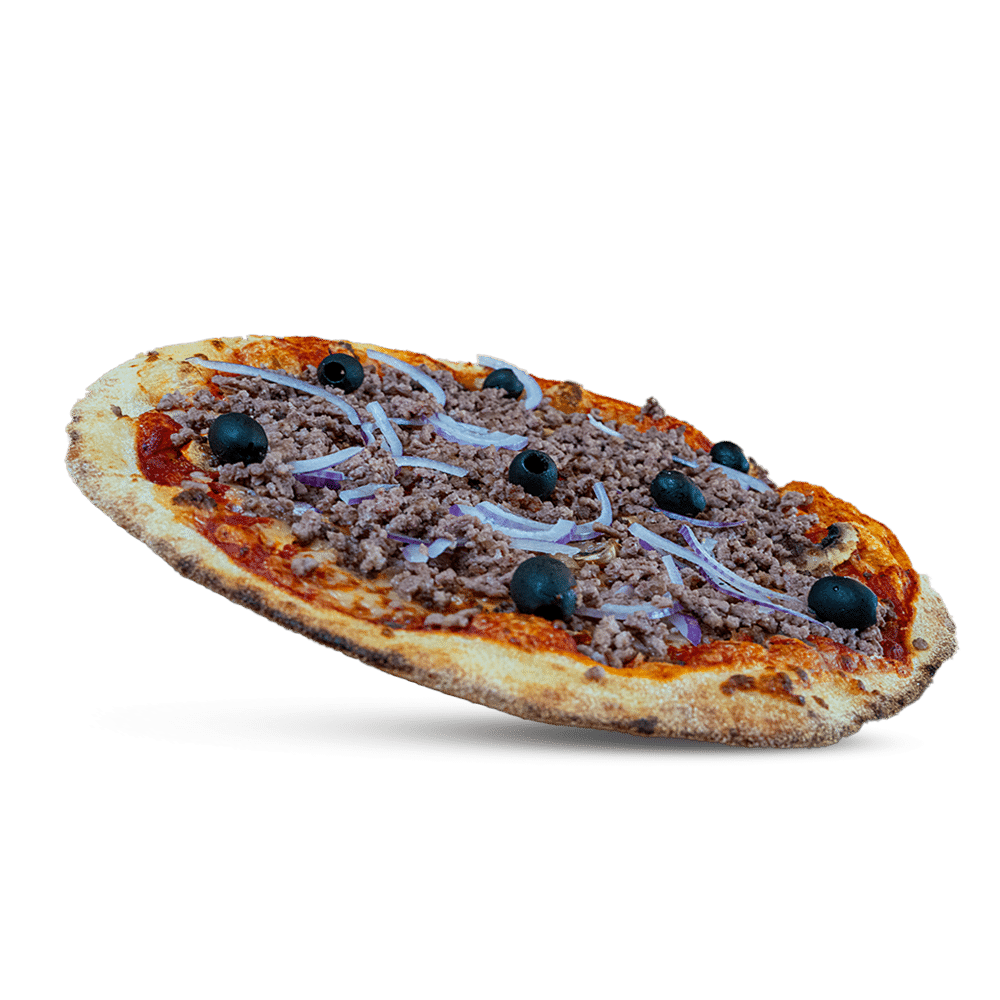 Pizza bolognaise Sauce tomate, viande hachée, champignons, oignons rouges, mozzarella râpée, olives noires, herbes de Provence disponible chez plan pizza