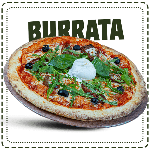 Pizza burrata avec ingrédients Sauce tomate, tomates séchées, mozzarella râpée, roquette, boule de burrata, basilic, herbes de Provence de chez plan pizza