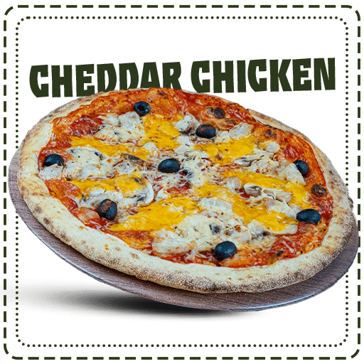 Pizza cheddar chicken Sauce tomate, escalope de poulet, champignons, cheddar, emmental râpé, olives noires, herbes de Provence disponible chez plan pizza
