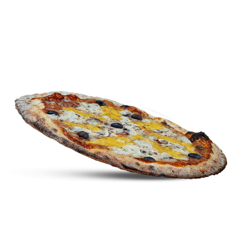 Pizza cheddar chicken Sauce tomate, escalope de poulet, champignons, cheddar, emmental râpé, olives noires, herbes de Provence disponible chez plan pizza