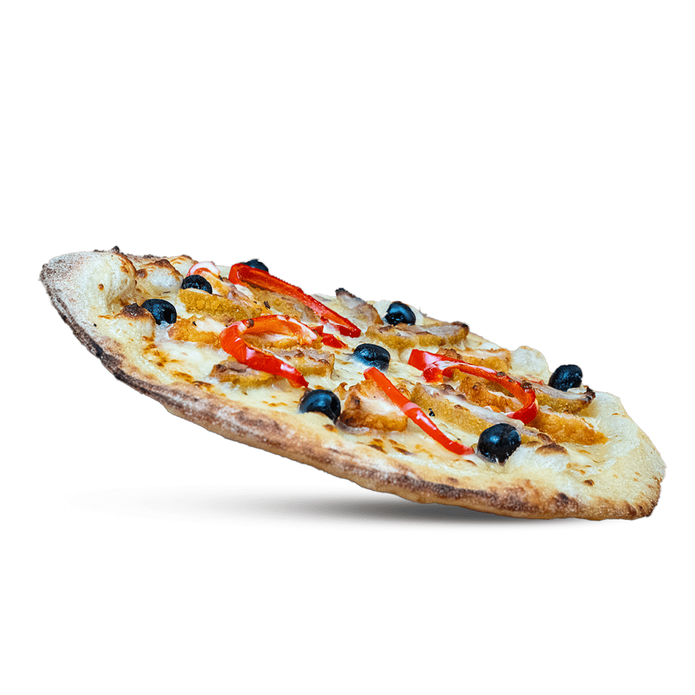 Pizza l'originale Sauce crème, cordon bleu, tenders, poivrons rouges, mozzarella râpée, sauce fromagère, olives noires, herbes de Provence disponible chez plan pizza