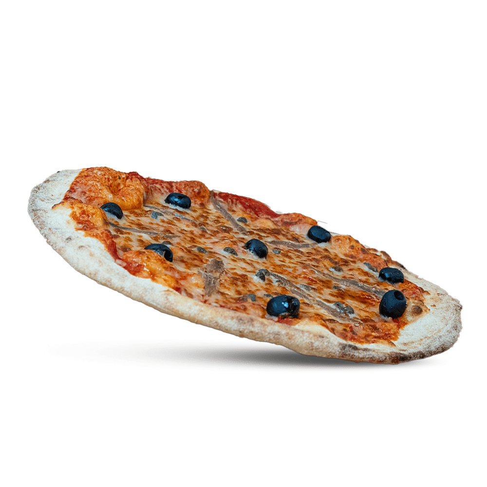 Pizza napoli Sauce tomate, filets d'anchois, câpres, mozzarella râpée, olives noires disponible chez plan pizza