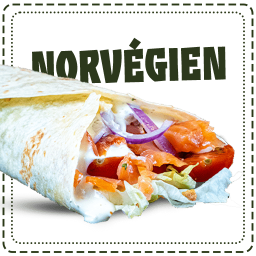 Le wrap norvégien contenant Tortilla, sauce au choix, saumon fumé, iceberg, tomates, oignons rouges, persil, onions crispy de chez plan pizza