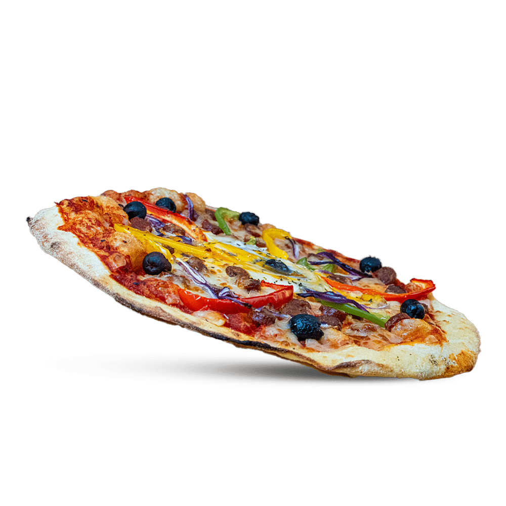 Pizza orientale Sauce tomate, merguez, champignons, poivrons, oignons rouges, mozzarella râpée, œuf, olives noires, herbes de Provence disponible chez plan pizza