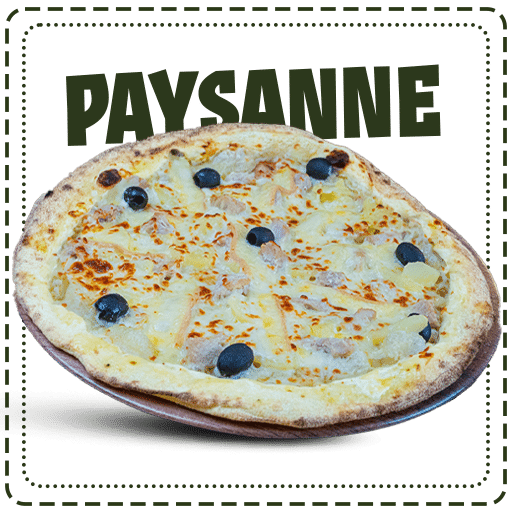 Pizza paysanne Sauce tomate, escalope de poulet, pommes de terre, raclette, emmental râpé, olives noires, herbes de Provence