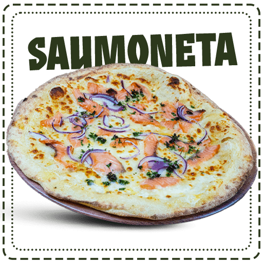 Pizza saumoneta Sauce crème, saumon fumé, oignons rouges, mozzarella râpée disponible chez plan pizza