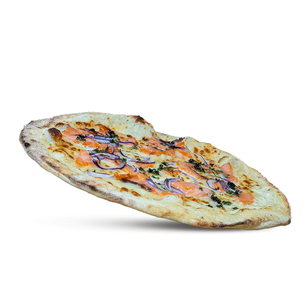 Pizza saumoneta Sauce crème, saumon fumé, oignons rouges, mozzarella râpée disponible chez plan pizza