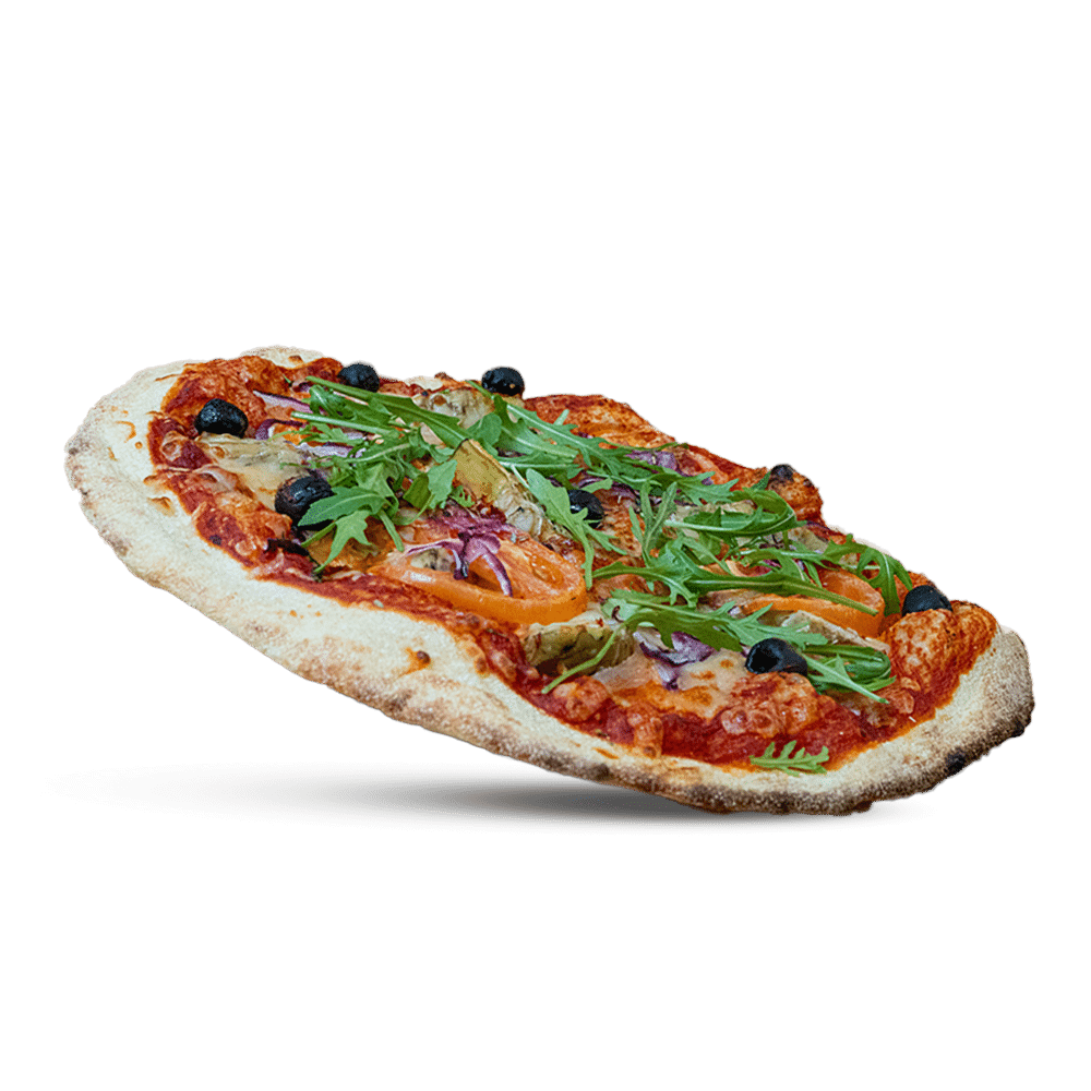 Pizza Veggie Sauce tomate, tomates fraîches, artichaut, oignons rouges, mozzarella râpée, roquette, olives noires, herbes de Provence disponible chez plan pizza