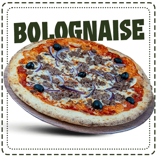 Pizza bolognaise Sauce tomate, viande hachée, champignons, oignons rouges, mozzarella râpée, olives noires, herbes de Provence disponible chez plan pizza