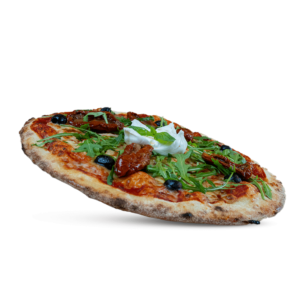 Pizza burrata Sauce tomate, tomates séchées, mozzarella râpée, roquette, boule de burrata, basilic, herbes de Provence disponible chez plan pizza