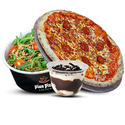 Le menu complet avec Pizza au choix +salade verte + boisson au choix + tiramisu au choix de chez plan pizza