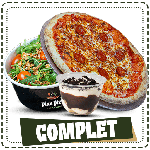 Le menu complet avec Pizza au choix +salade verte + boisson au choix + tiramisu au choix de chez plan pizza