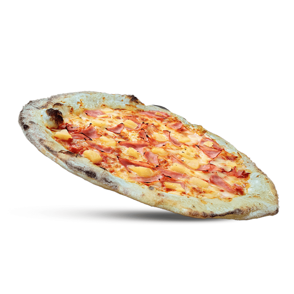 Photo de la pizza hawaïenne contenant Sauce, crème, jambon de dinde, ananas en tranches, mozzarella râpée de chez plan pizza
