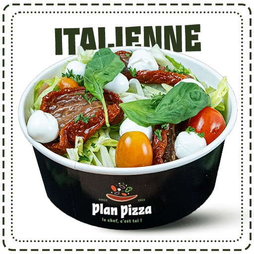 Salade italienne Iceberg, tomates cerises, tomates séchées, mozzarella en billes, basilic disponible chez plan pizza