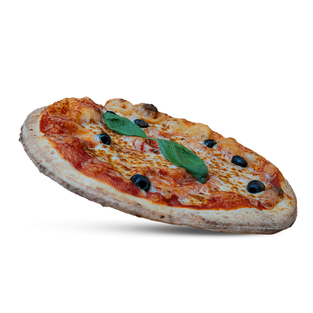 Pizza Margherita Sauce tomate, mozzarella râpée, olives noires, basilic disponible chez plan pizza