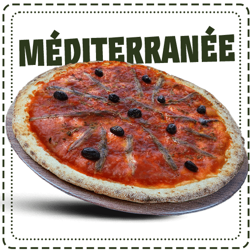 Pizza Méditerranée Sauce tomate, filets d'anchois, olives noires disponibles chez plan pizza