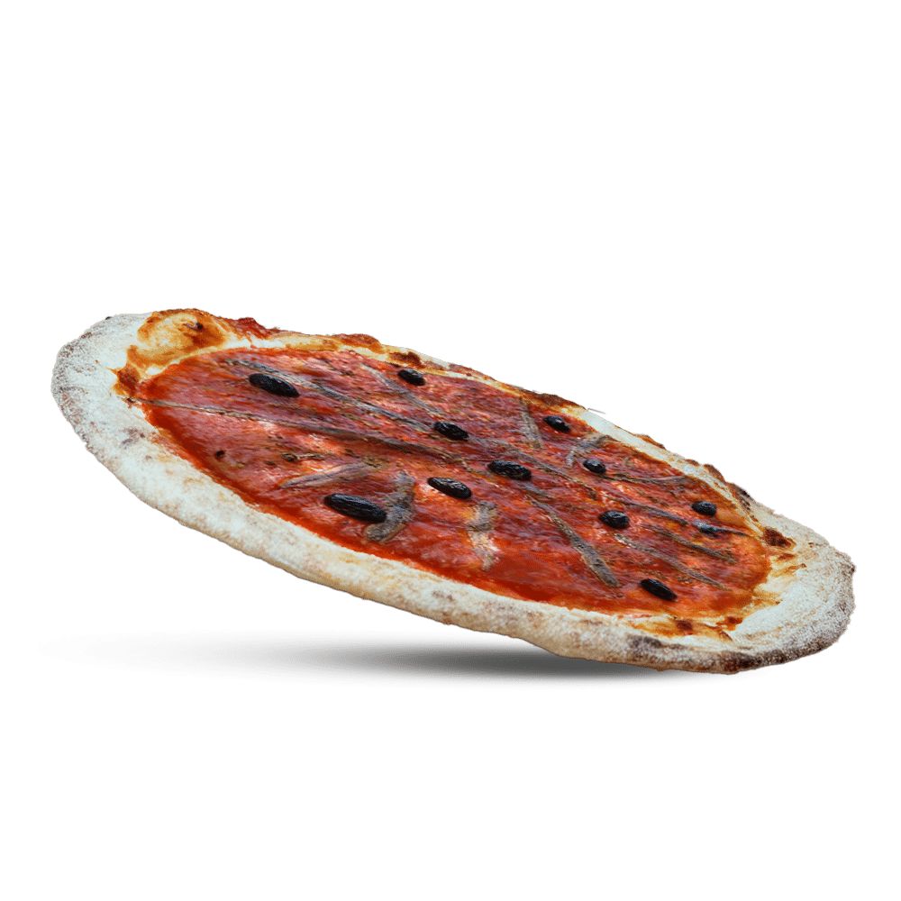 LA PIZZA méditerranée avec Sauce tomate, filets d'anchois, olives noires de chez plan pizza