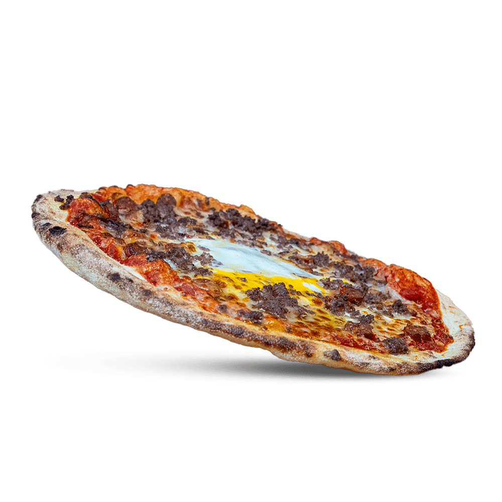 Pizza mexicaine Sauce tomate, viande hachée, merguez, mozzarella râpée, œuf disponible chez plan pizza