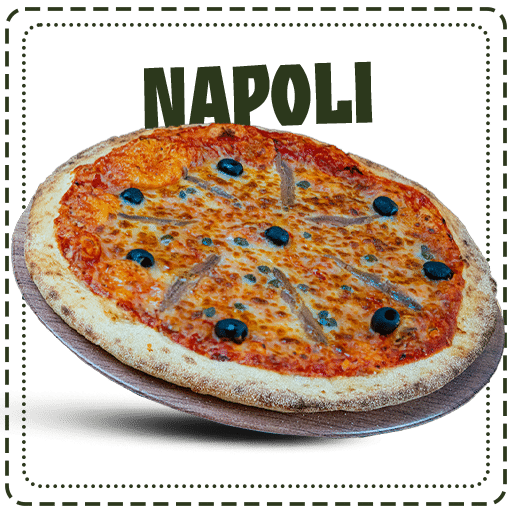 Pizza napoli Sauce tomate, filets d'anchois, câpres, mozzarella râpée, olives noires disponible chez plan pizza