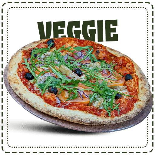 Pizza Veggie Sauce tomate, tomates fraîches, artichaut, oignons rouges, mozzarella râpée, roquette, olives noires, herbes de Provence disponible chez plan pizza